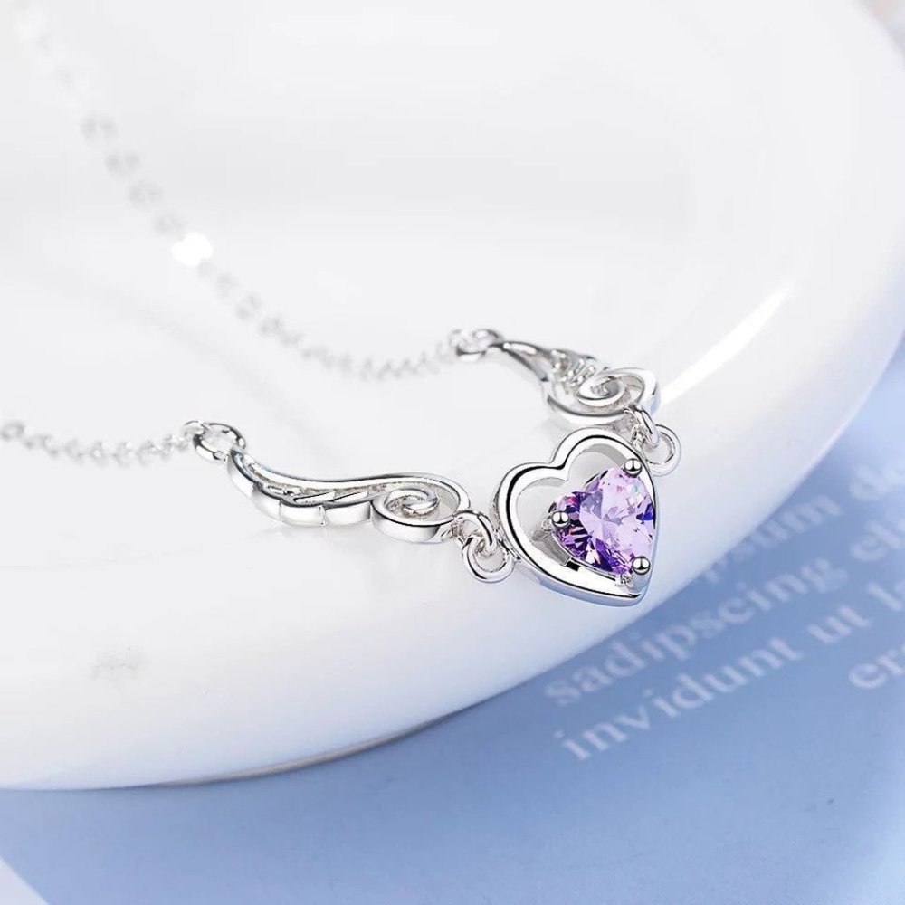 14k Gold Amethyst Angel Wing Heart Sterling Silver Bracelet/Anklet - Picture 2 of 10